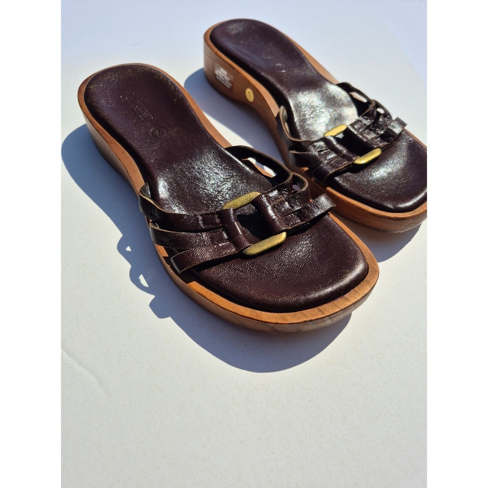 J.Crew Size 7 Women's Vintage‎ Y2K Brown Leather Wood Wedge Slide Sandals Boho